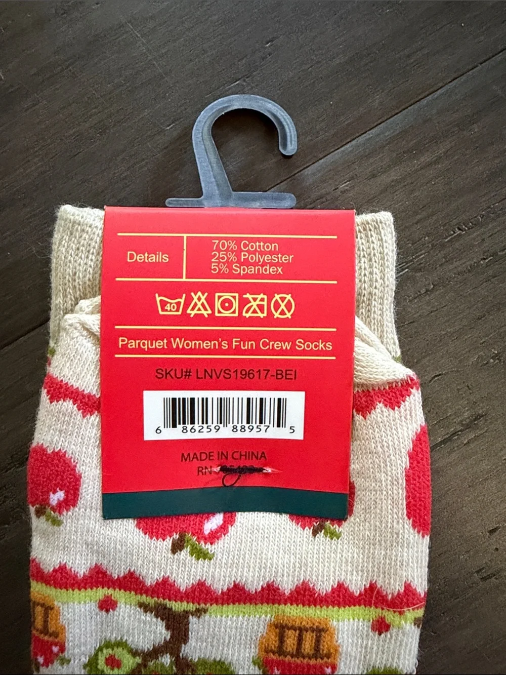 NWT | Parquet Women's Cream Crew Socks with Red Apple Pattern